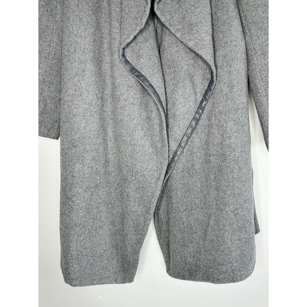 Nanette Lepore Gray Wool Blend Faux Leather Trim Wrap Coat Large Minimalist Chic